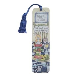 Vintage 90s Cats Easy To Please Tassel Bookmark 1992 Susan Sturgill, Antioch USA